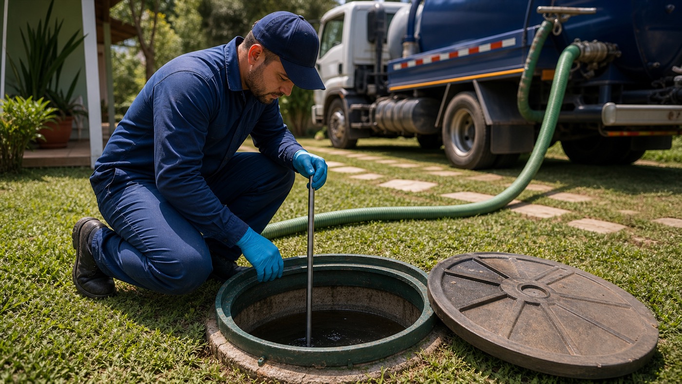 Caminhão a vácuo realizando serviço de sucção e limpeza