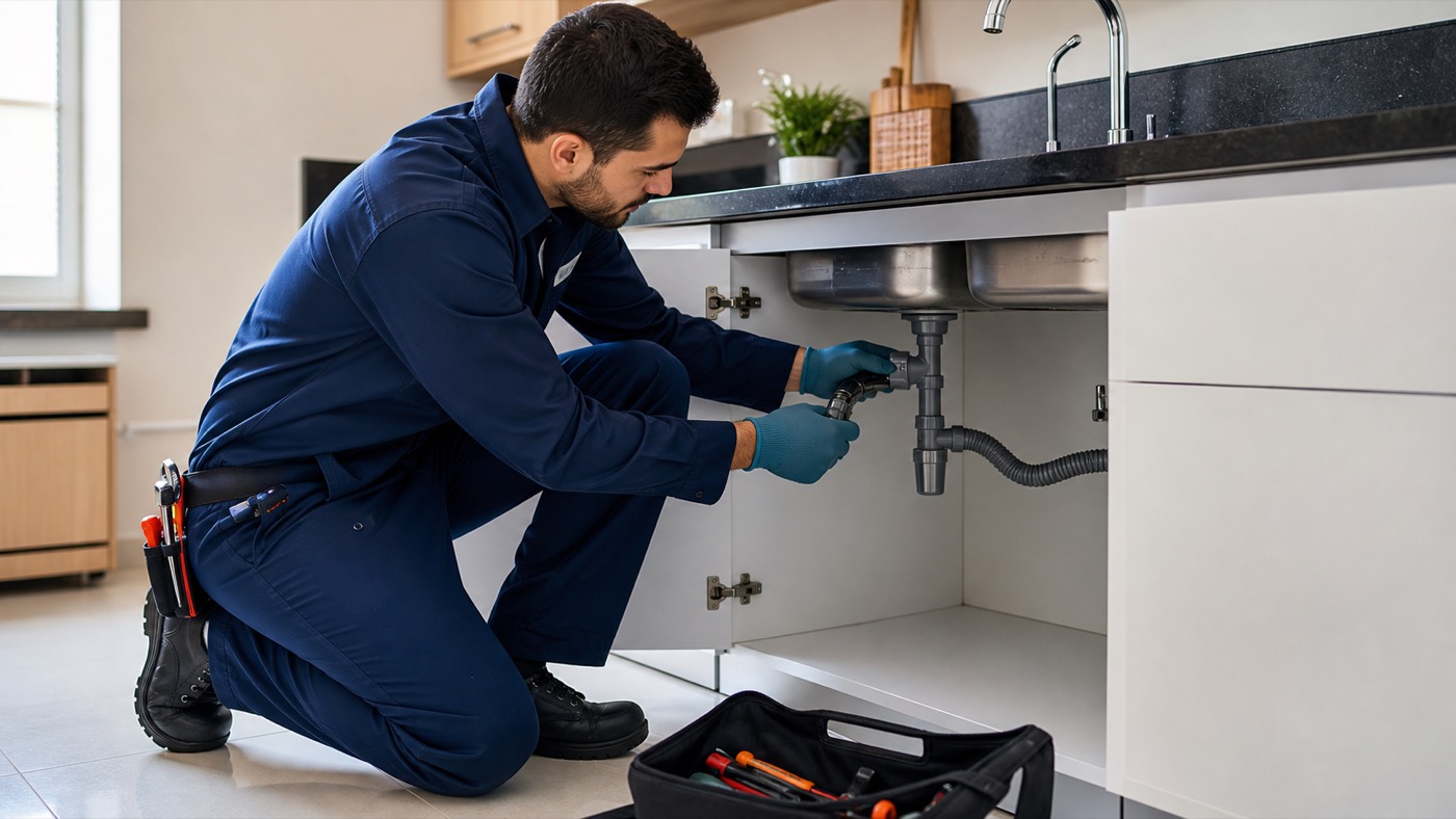 Técnico realizando manutenção em pia e tubulação residencial