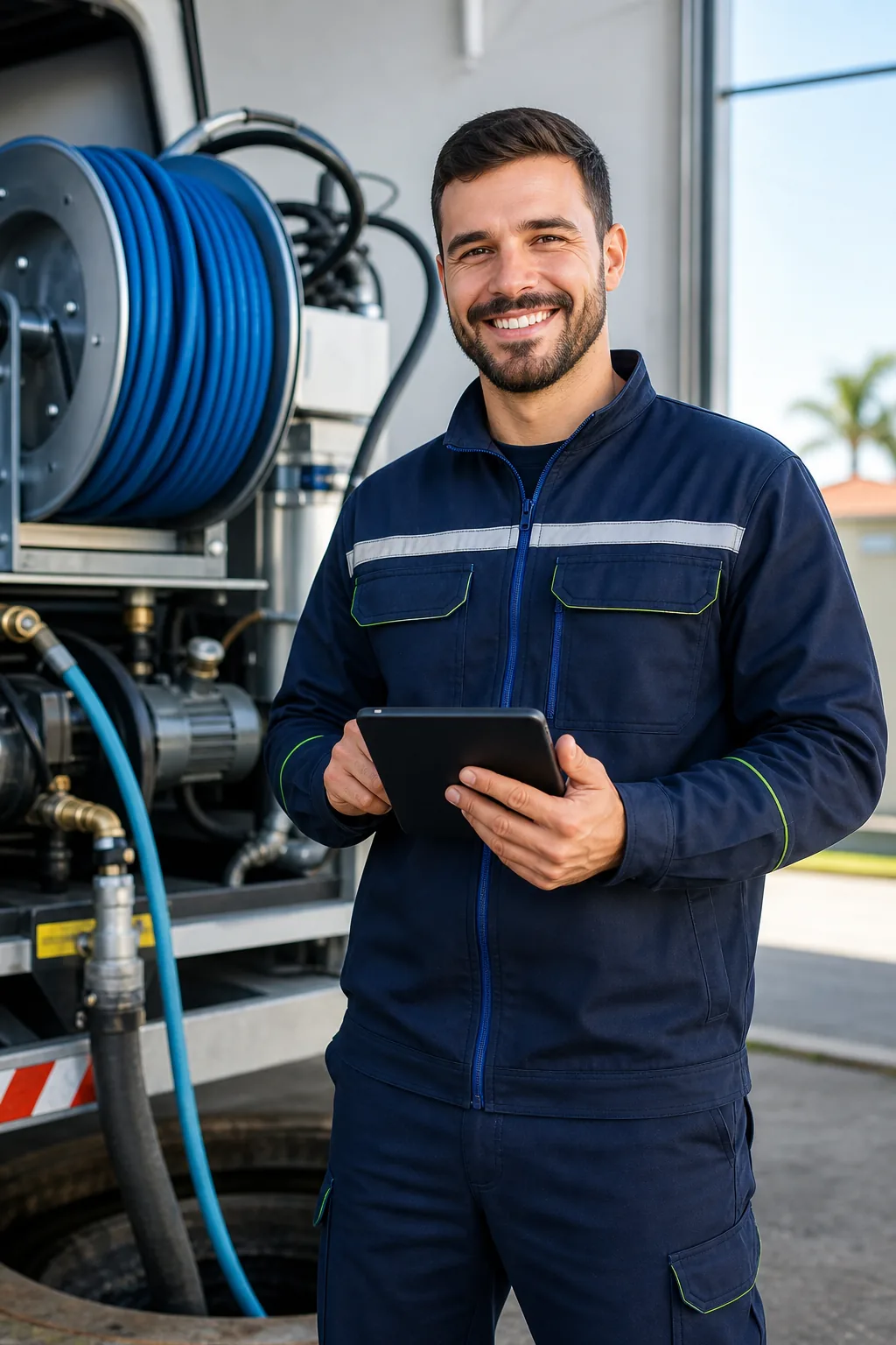 Profissional da Ambitec sorrindo em atendimento técnico